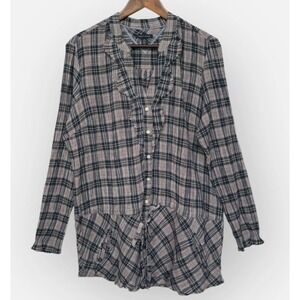 Tommy Hilfiger Womens XL Plaid Ruffle V-Neck Button Front Seersucker Tunic Top